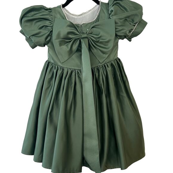 Girls Holiday Dress Green Puff Sleeve with Bow Sz. 4 Birthday Pageant Formal - Picture 3 of 13